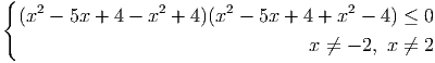 {
  (x2 - 5x + 4 - x2 + 4)(x2 - 5x + 4 + x2 - 4) ≤ 0

                                   x ⁄=  - 2, x ⁄= 2
     