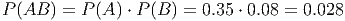 P(AB ) = P(A ) ⋅ P (B ) = 0.35 ⋅ 0.08 = 0.028