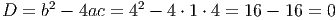 2 2
D = b - 4ac = 4 - 4 ⋅ 1 ⋅ 4 = 16 - 16 = 0