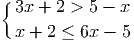 {3x + 2 > 5 - x
x + 2 ≤ 6x - 5