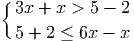 {3x + x > 5 - 2
5 + 2 ≤ 6x - x