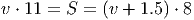 v ⋅ 11 = S = (v + 1.5) ⋅ 8